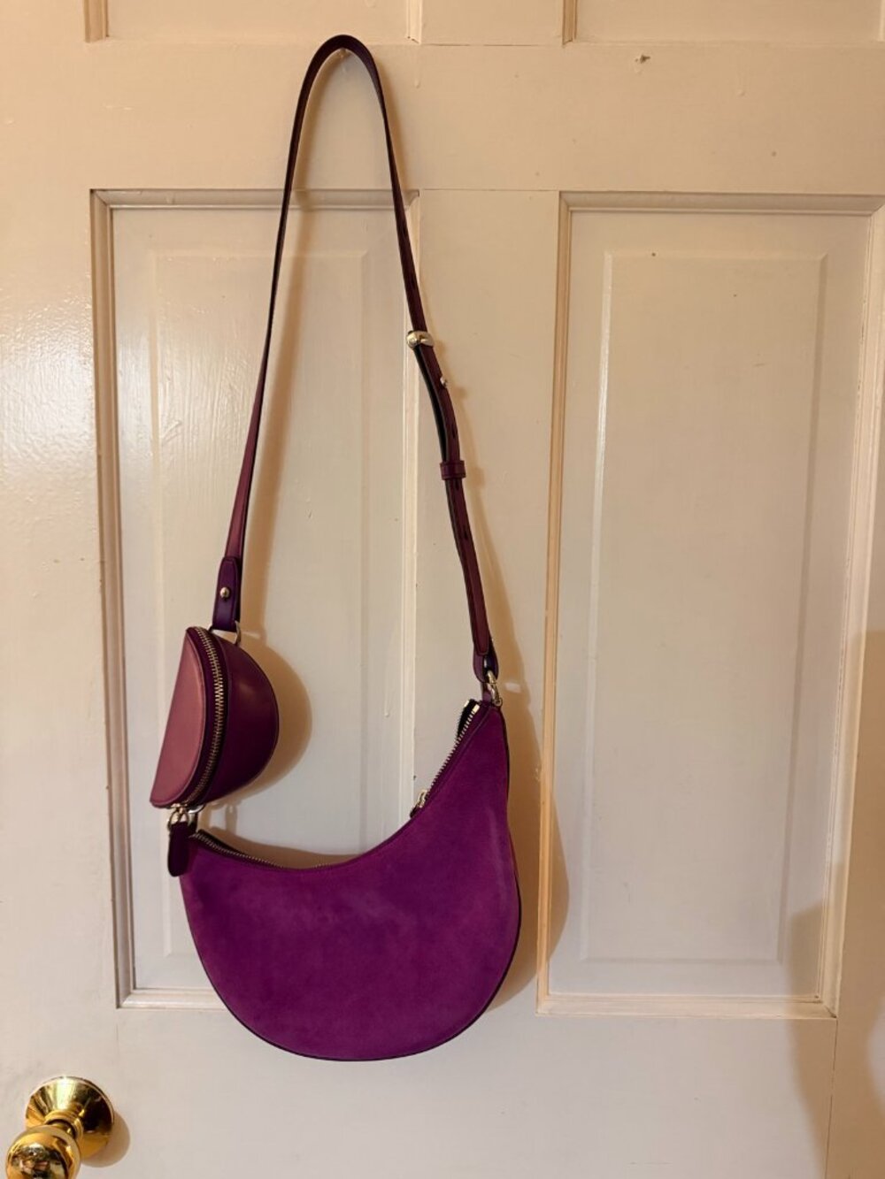 Kate Spade Duo Crescent Crossbody Purple Suede w Coin Pouch Silver Hardware